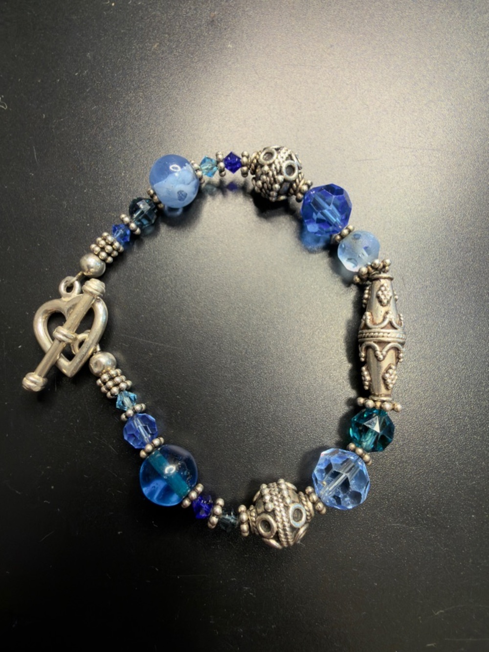 VINTAGE 925 STERLING SILVER BLUE GLASS BEADED TOGGLE BRACELET 7” ORNATE Fashion